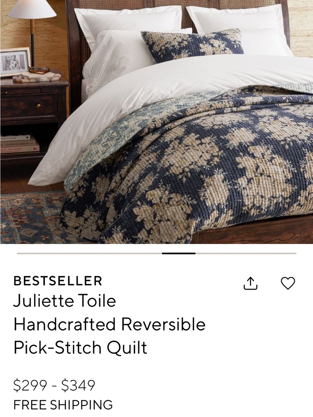 Pottery Barn Queen Handcrafted Reversible Pick-Stitch Quilt Steel Blue + Shams